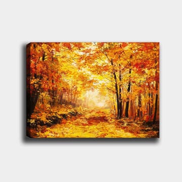 Lerretsbilde 70x100 cm - Vakker høstskog med gylne og oransje blader som skaper en varm og innbydende atmosfære - Gull / Oransje / Rød - Interiør - Maleri & posters - Lerretsbilder