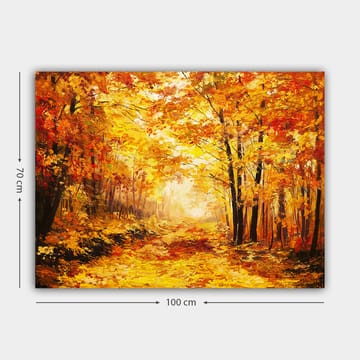 Lerretsbilde 70x100 cm - Vakker høstskog med gylne og oransje blader som skaper en varm og innbydende atmosfære - Gull / Oransje / Rød - Interiør - Maleri & posters - Lerretsbilder