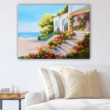 Lerretsbilde 70x100 cm - Vakker hage med blomster og en trapp som fører ned til havet - Blå / Grønn / Rød - Interiør - Maleri & posters - Lerretsbilder