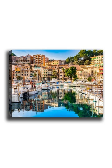 Lerretsbilde 70x100 cm - Vakker havn med seilbåter og fargerike hus ved vannet - Blå / Grønn / Oransje - Interiør - Maleri & posters - Lerretsbilder