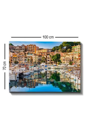 Lerretsbilde 70x100 cm - Vakker havn med seilbåter og fargerike hus ved vannet - Blå / Grønn / Oransje - Interiør - Maleri & posters - Lerretsbilder