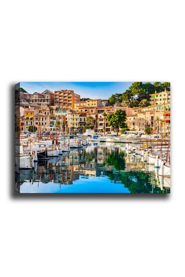 Lerretsbilde 70x100 cm - Vakker havn med seilbåter og fargerike hus ved vannet - Blå / Grønn / Oransje - Interiør - Maleri & posters - Lerretsbilder