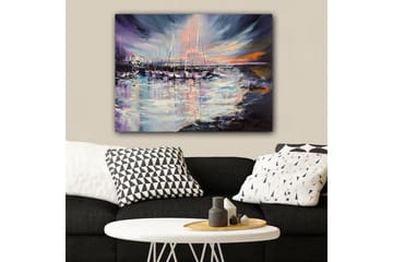 Lerretsbilde 70x100 cm - Vakker havn med seilbåter speilet i vannet under en fargerik solnedgang - Lilla / Blå / Oransje - Interiør - Maleri & posters - Lerretsbilder