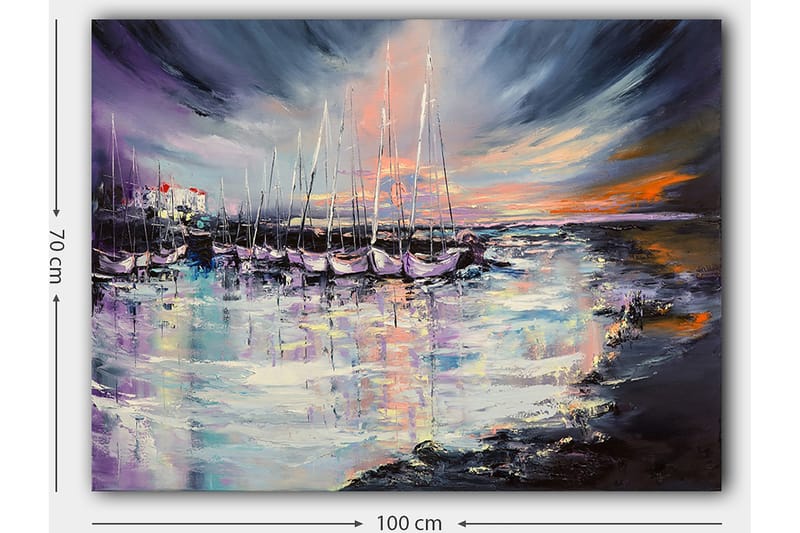 Lerretsbilde 70x100 cm - Vakker havn med seilbåter speilet i vannet under en fargerik solnedgang - Lilla / Blå / Oransje - Interiør - Maleri & posters - Lerretsbilder