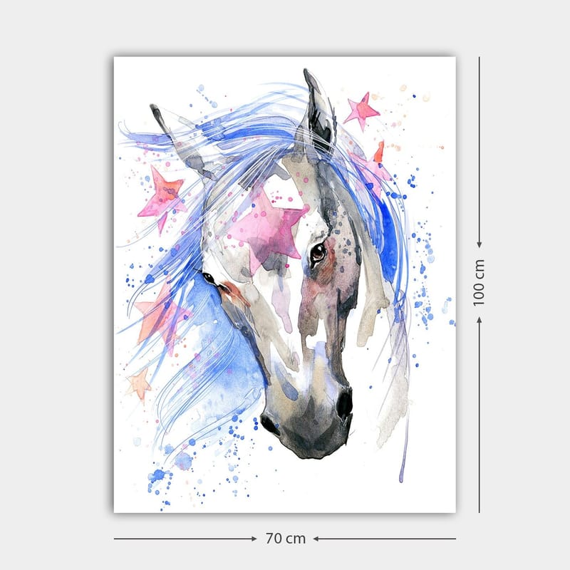 Lerretsbilde 70x100 cm - Vakker hest med en flagrende blå man og rosa stjerner som fremhever motivet - Blå / Grå / Rosa - Interiør - Maleri & posters - Lerretsbilder