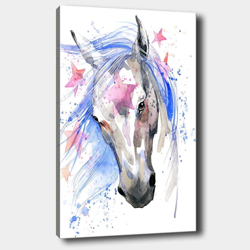 Lerretsbilde 70x100 cm - Vakker hest med en flagrende blå man og rosa stjerner som fremhever motivet - Blå / Grå / Rosa - Interiør - Maleri & posters - Lerretsbilder