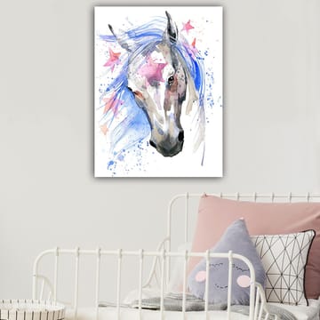 Lerretsbilde 70x100 cm - Vakker hest med en flagrende blå man og rosa stjerner som fremhever motivet - Blå / Grå / Rosa - Interiør - Maleri & posters - Lerretsbilder