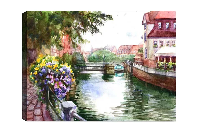 Lerretsbilde 70x100 cm - Vakker kanal med blomster i forgrunnen og pittoreske bygninger i bakgrunnen, Grønn / Blå / Lilla