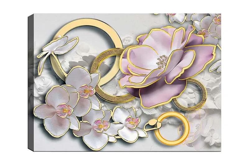 Lerretsbilde 70x100 cm - Vakker komposisjon av blomster og ringer i et elegant design, Lys rosa / Hvit / Gull