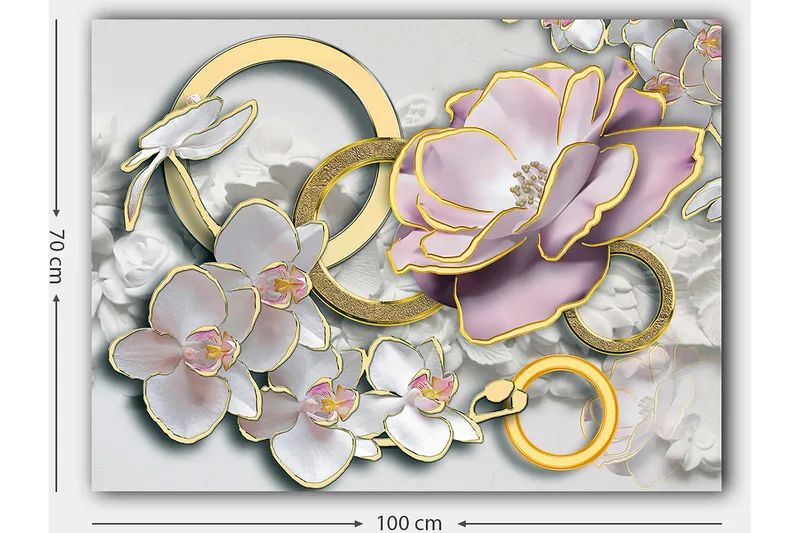 Lerretsbilde 70x100 cm - Vakker komposisjon av blomster og ringer i et elegant design - Lys rosa / Hvit / Gull - Interiør - Maleri & posters - Lerretsbilder