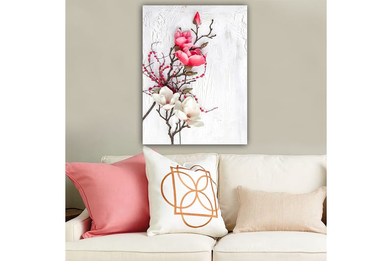 Lerretsbilde 70x100 cm - Vakker komposisjon av magnoliablomster i rosa og hvitt på en diskret bakgrunn - Rosa / Hvit / Grønn - Interiør - Maleri & posters - Lerretsbilder
