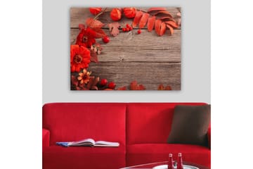 Lerretsbilde 70x100 cm - Vakker komposisjon av røde blomster og høstblader mot en trebakgrunn - Rød / Oransje / Brun - Interiør - Maleri & posters - Lerretsbilder