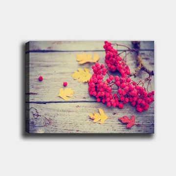 Lerretsbilde 70x100 cm - Vakker komposisjon av røde rognebær og gule høstblader på en treflate - Rød / Gul - Interiør - Maleri & posters - Lerretsbilder