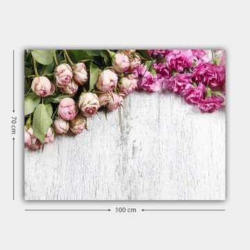 Lerretsbilde 70x100 cm - Vakker komposisjon av roser og nelliker i myke rosa nyanser - Lys rosa / Mørk rosa / Grønn - Interiør - Maleri & posters - Lerretsbilder