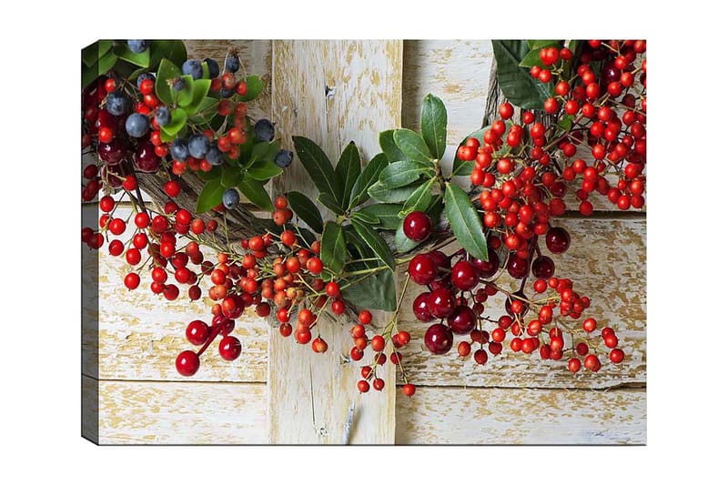 Lerretsbilde 70x100 cm - Vakker krans av bær og grønne blader som skaper en festlig atmosfære, Rød / Grønn / Blå