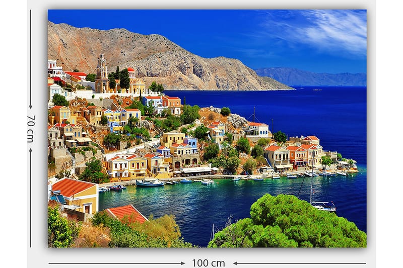 Lerretsbilde 70x100 cm - Vakker kystby med fargerike hus ved sjøen og omkringliggende fjell - Blå / Grønn / Oransje - Interiør - Maleri & posters - Lerretsbilder