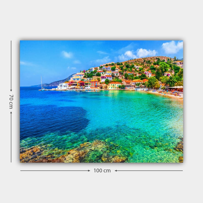 Lerretsbilde 70x100 cm - Vakker kystlinje med fargerike hus ved havet og en klar blå himmel - Turkis / Blå / Grønn - Interiør - Maleri & posters - Lerretsbilder