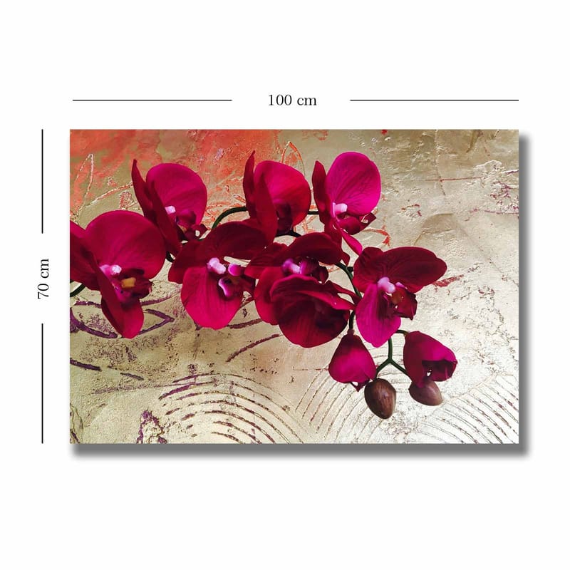 Lerretsbilde 70x100 cm - Vakker orkidé med dyprosa blomster mot en gyllen bakgrunn - Dyp rosa / Gull - Interiør - Maleri & posters - Lerretsbilder