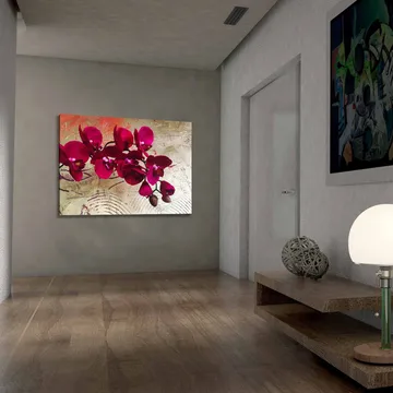 Lerretsbilde 70x100 cm - Vakker orkidé med dyprosa blomster mot en gyllen bakgrunn - Dyp rosa / Gull - Interiør - Maleri & posters - Lerretsbilder