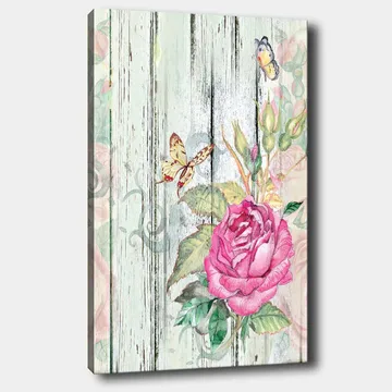 Lerretsbilde 70x100 cm - Vakker rose omgitt av sommerfugler og grønne blader - Rosa / Grønn / Gul - Interiør - Maleri & posters - Lerretsbilder