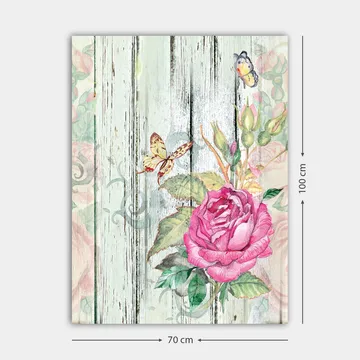 Lerretsbilde 70x100 cm - Vakker rose omgitt av sommerfugler og grønne blader - Rosa / Grønn / Gul - Interiør - Maleri & posters - Lerretsbilder