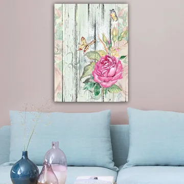 Lerretsbilde 70x100 cm - Vakker rose omgitt av sommerfugler og grønne blader - Rosa / Grønn / Gul - Interiør - Maleri & posters - Lerretsbilder