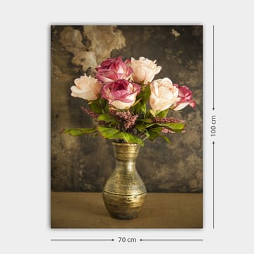 Lerretsbilde 70x100 cm - Vakker rosebukett i en dekorativ vase - Rosa / Grønn / Gull - Interiør - Maleri & posters - Lerretsbilder