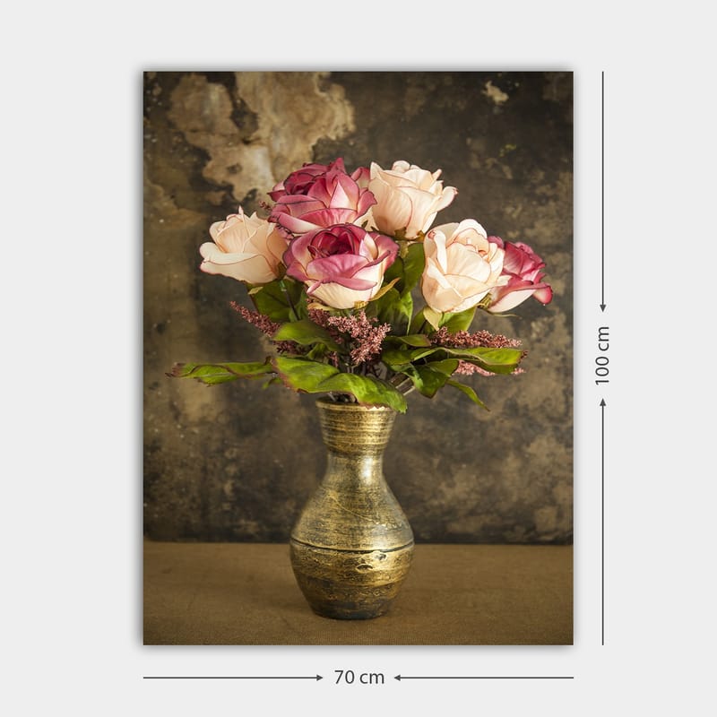 Lerretsbilde 70x100 cm - Vakker rosebukett i en dekorativ vase - Rosa / Grønn / Gull - Interiør - Maleri & posters - Lerretsbilder