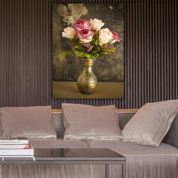 Lerretsbilde 70x100 cm - Vakker rosebukett i en dekorativ vase - Rosa / Grønn / Gull - Interiør - Maleri & posters - Lerretsbilder