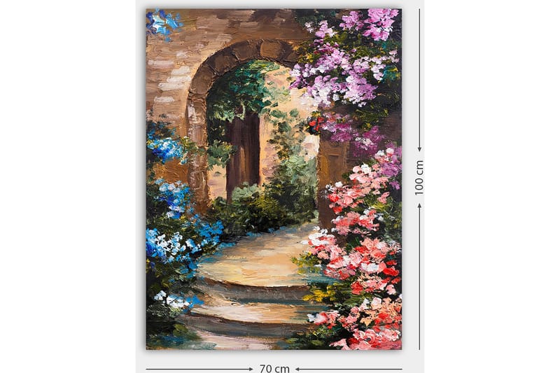 Lerretsbilde 70x100 cm - Vakker smug med blomster rundt en steinbue - Lys blå / Rosa / Grønn - Interiør - Maleri & posters - Lerretsbilder