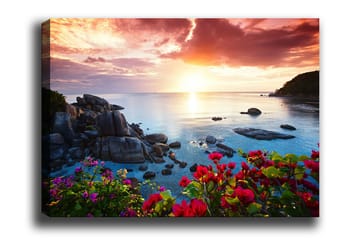Lerretsbilde 70x100 cm - Vakker solnedgang over havet med steiner og fargerike blomster i forgrunnen - Rosa / Blå / Oransje - Interiør - Maleri & posters - Lerretsbilder