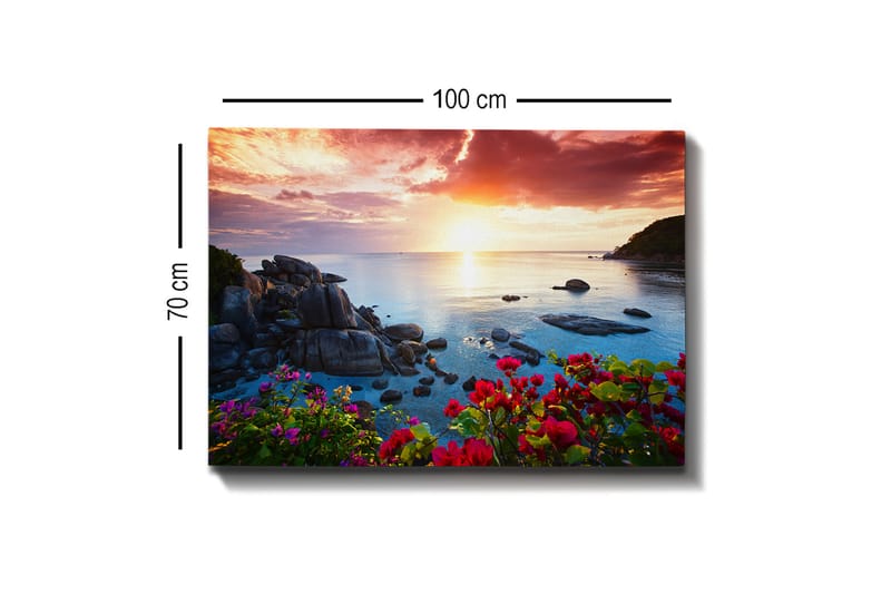 Lerretsbilde 70x100 cm - Vakker solnedgang over havet med steiner og fargerike blomster i forgrunnen - Rosa / Blå / Oransje - Interiør - Maleri & posters - Lerretsbilder