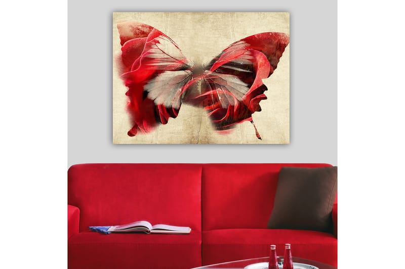 Lerretsbilde 70x100 cm - Vakker sommerfugl bestående av roser, som skaper en harmonisk og drømmeaktig følelse - Rød / Grå - Interiør - Maleri & posters - Lerretsbilder