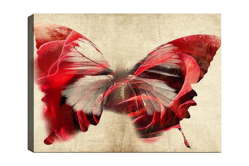 Lerretsbilde 70x100 cm - Vakker sommerfugl bestående av roser, som skaper en harmonisk og drømmeaktig følelse, Rød / Grå