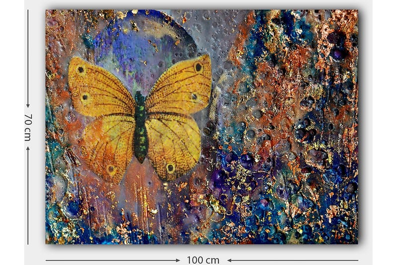 Lerretsbilde 70x100 cm - Vakker sommerfugl i gult som svever over en abstrakt bakgrunn med fargerike detaljer - Gul / Blå / Brun - Interiør - Maleri & posters - Lerretsbilder