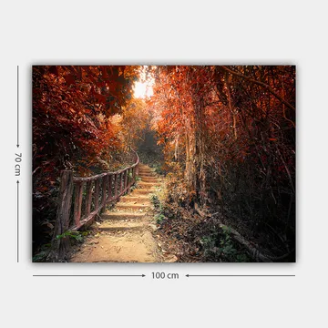Lerretsbilde 70x100 cm - Vakker sti omgitt av høstfarger i et skogsmiljø - Rød / Oransje / Brun - Interiør - Maleri & posters - Lerretsbilder