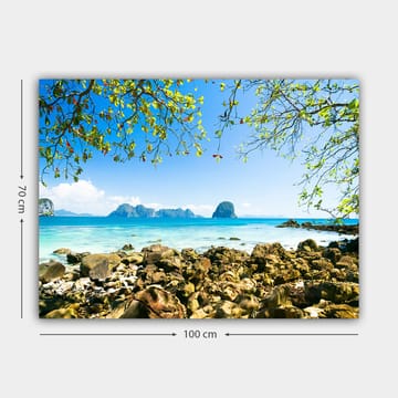 Lerretsbilde 70x100 cm - Vakker strandscene med steiner, klart turkis vann og en blå himmel - Turkis / Blå / Grønn - Interiør - Maleri & posters - Lerretsbilder