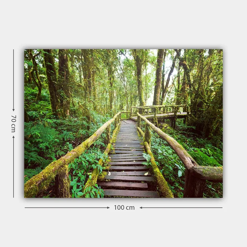 Lerretsbilde 70x100 cm - Vakker trebro som slynger seg gjennom en frodig regnskog - Grønn / Brun / Gulgrønn - Interiør - Maleri & posters - Lerretsbilder