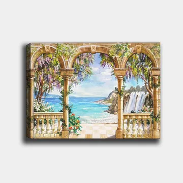 Lerretsbilde 70x100 cm - Vakker utsikt gjennom en arkade med hav, foss og frodig vegetasjon - Blå / Grønn / Beige - Interiør - Maleri & posters - Lerretsbilder
