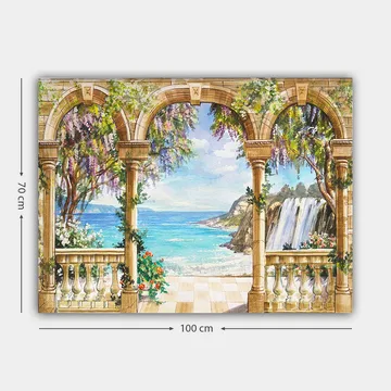 Lerretsbilde 70x100 cm - Vakker utsikt gjennom en arkade med hav, foss og frodig vegetasjon - Blå / Grønn / Beige - Interiør - Maleri & posters - Lerretsbilder