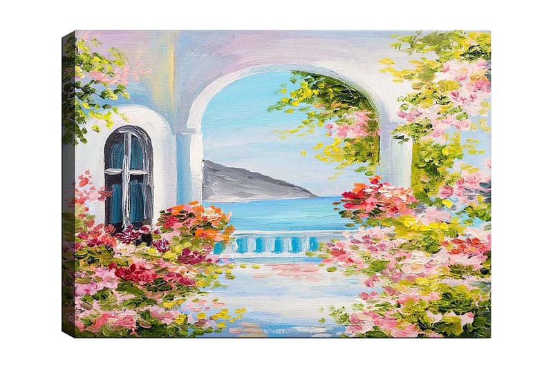 Lerretsbilde 70x100 cm - Vakker utsikt gjennom en bue med blomster i forgrunnen og havet i bakgrunnen, Rosa / Blå / Grønn