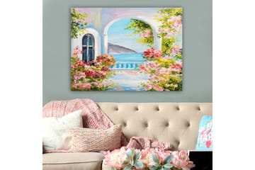 Lerretsbilde 70x100 cm - Vakker utsikt gjennom en bue med blomster i forgrunnen og havet i bakgrunnen - Rosa / Blå / Grønn - Interiør - Maleri & posters - Lerretsbilder