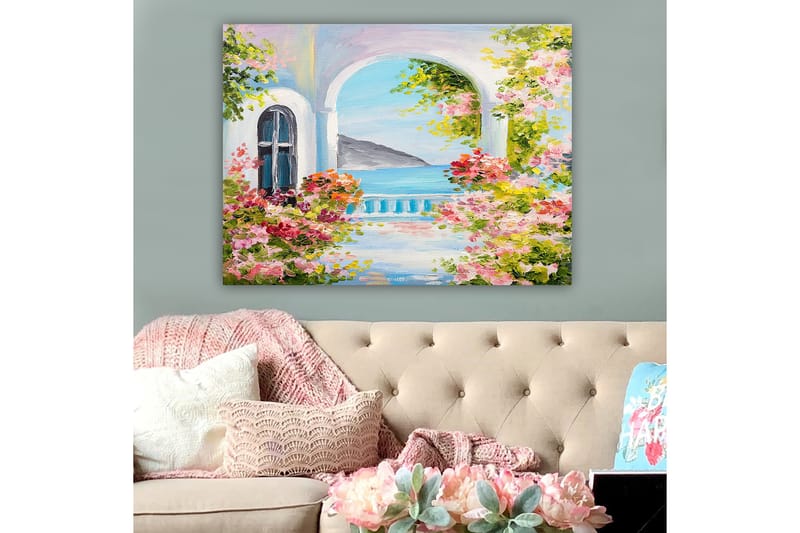 Lerretsbilde 70x100 cm - Vakker utsikt gjennom en bue med blomster i forgrunnen og havet i bakgrunnen - Rosa / Blå / Grønn - Interiør - Maleri & posters - Lerretsbilder