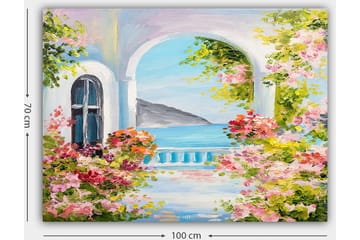 Lerretsbilde 70x100 cm - Vakker utsikt gjennom en bue med blomster i forgrunnen og havet i bakgrunnen - Rosa / Blå / Grønn - Interiør - Maleri & posters - Lerretsbilder