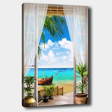 Lerretsbilde 70x100 cm - Vakker utsikt gjennom et vindu med strand, sjø og båt - Turkis / Blå / Grønn - Interiør - Maleri & posters - Lerretsbilder