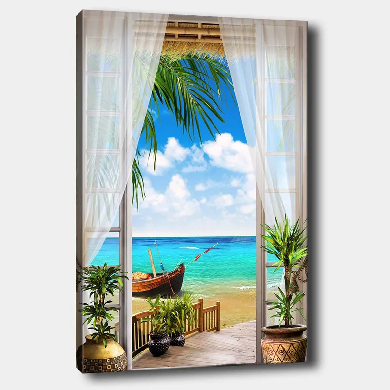 Lerretsbilde 70x100 cm - Vakker utsikt gjennom et vindu med strand, sjø og båt, Turkis / Blå / Grønn