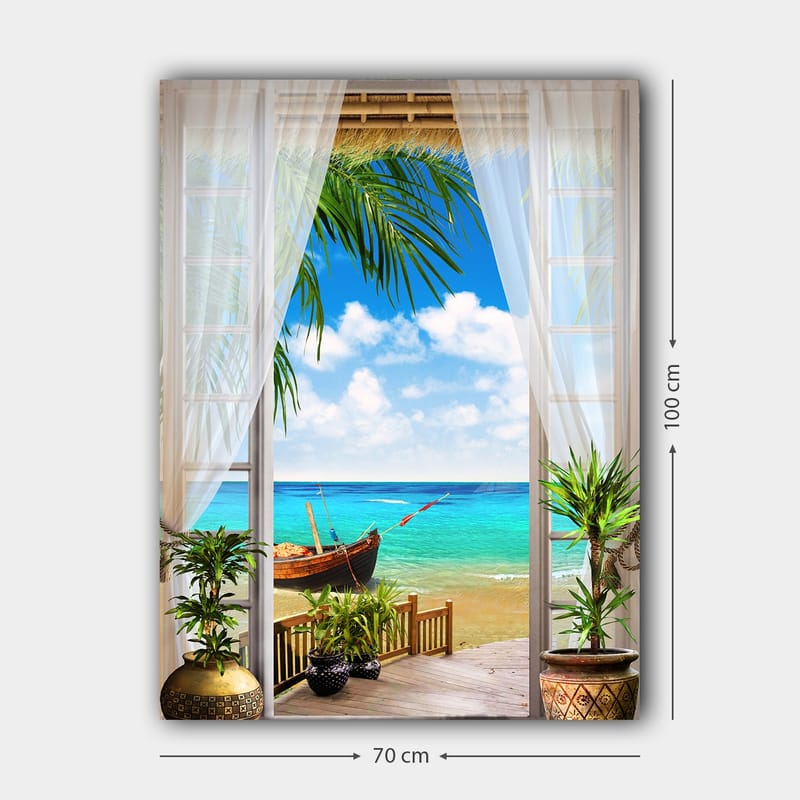 Lerretsbilde 70x100 cm - Vakker utsikt gjennom et vindu med strand, sjø og båt - Turkis / Blå / Grønn - Interiør - Maleri & posters - Lerretsbilder