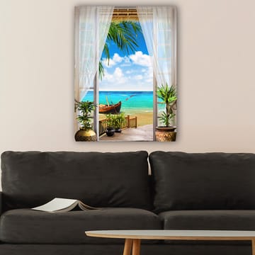 Lerretsbilde 70x100 cm - Vakker utsikt gjennom et vindu med strand, sjø og båt - Turkis / Blå / Grønn - Interiør - Maleri & posters - Lerretsbilder