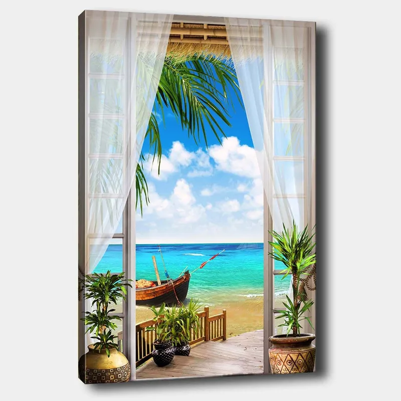 Lerretsbilde 70x100 cm - Vakker utsikt gjennom et vindu med strand, sjø og båt, Turkis / Blå / Grønn