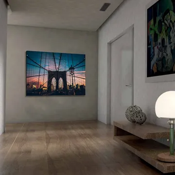 Lerretsbilde 70x100 cm - Vakker utsikt over Brooklyn Bridge med en dramatisk himmel i skumringen - Mørk blå / Rosa / Grå - Interiør - Maleri & posters - Lerretsbilder